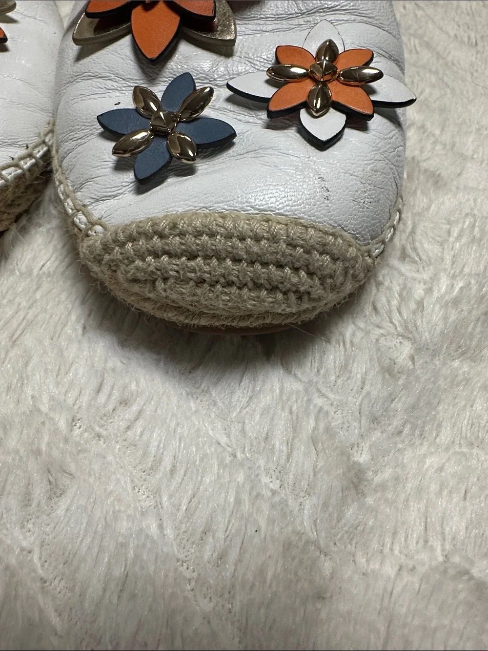 Michael Kors White Leather, Orange w/ Gold Beads Flowers Espadrilles Flats, 8 M